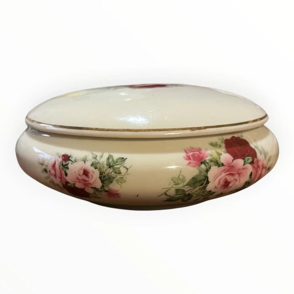 Formalities by Baum Bros Porcelain Rose Trinket Box Round Floral Jewelry Dish